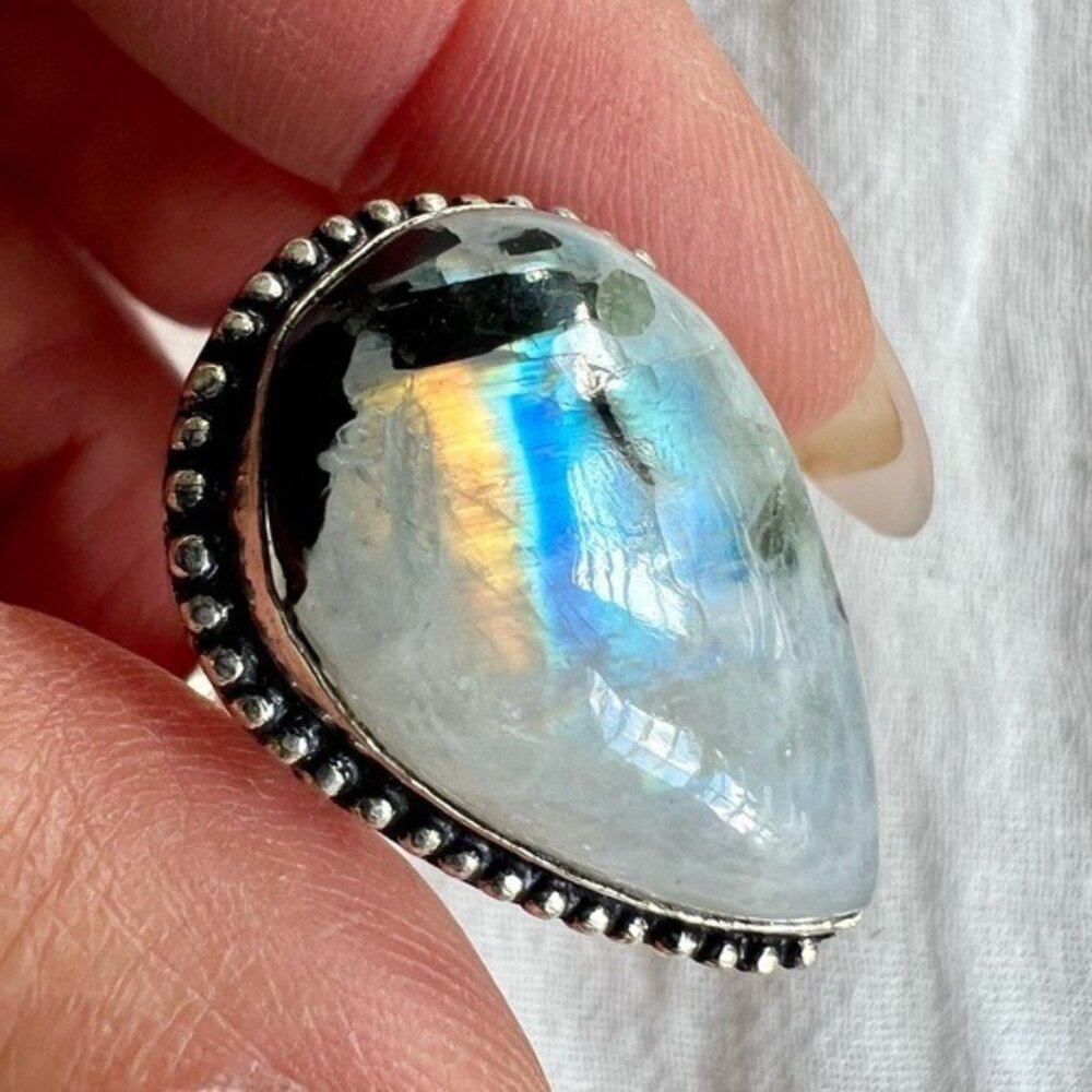 925 WOW WOW! Rainbow Flash Moonstone Ring w/ Blk Tourmaline 11.75